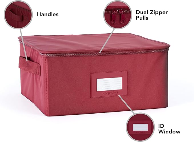 Covermates Dish Storage Box – China & Dinner Plate Storage Container with Dual Zippers, Reinforced Handles, ID Window & Stackable Structured Walls for Dishware Organization, Scarlett Red