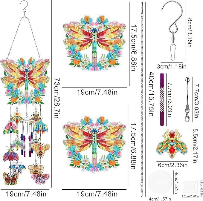 Dragonfly Diamond Art Painting Wind Chimes DIY Kits Bee 5D Diamond Art Wind Chime Hanging Ornament Set Double Sided Special Shaped Beads by Number Mosaic Wind Chime Pendant for Yard Tree Home Decor
