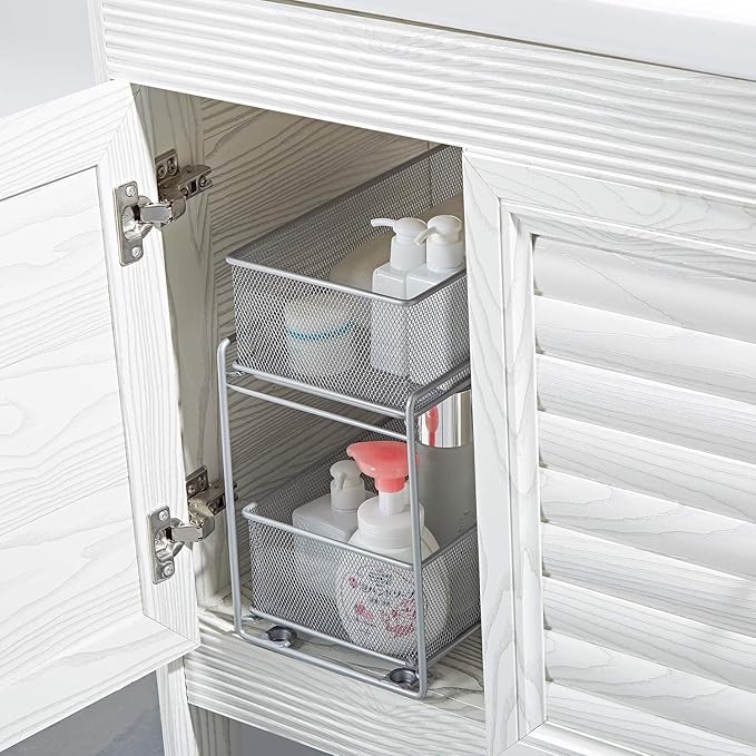 2 Tier Sliding Basket Stackable Cabinet Pull-Out Drawer Mesh Organizer for Kitchen Under Sink Storage (Silver)