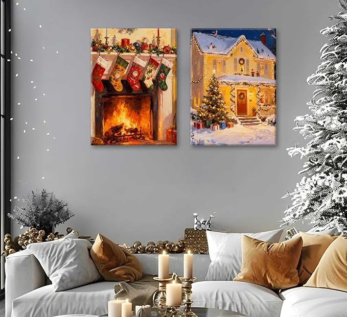 Paint by Number Kit for Adults & Kids, 2 Pack Christmas Scenes 16x20 Inch Unframed, DIY Acrylic Painting Kit with Brushes & Paints, Festive Home Art Decor