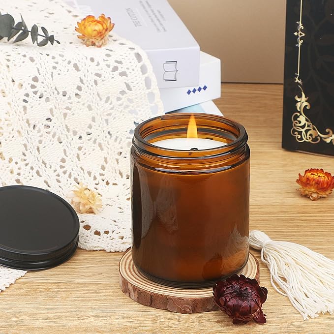 MILIVIXAY 20 Pack 8 OZ Thick Glass Dark Amber Candle Jars with All Black Metal Lids-Bulk Empty Candle Jars for Making Candles-Canning Jar for Spice, Liquid, Sample- Dishwasher Safe.