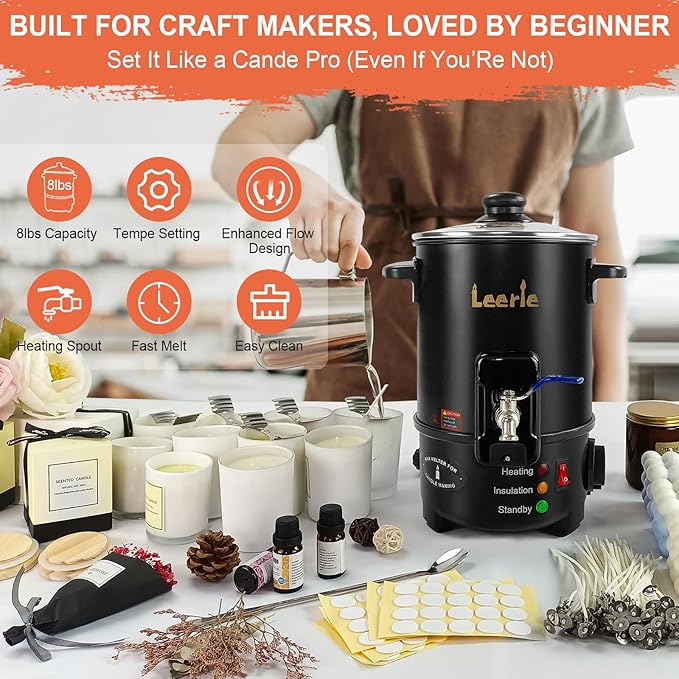 Leerie M4 8Lbs Wax Melter for Candle Making – Heating Core Brass Spout & Temp Control, No Clog, Easy to Clean – Electric Wax Melting Pot for DIY Candle Makers & Beginners