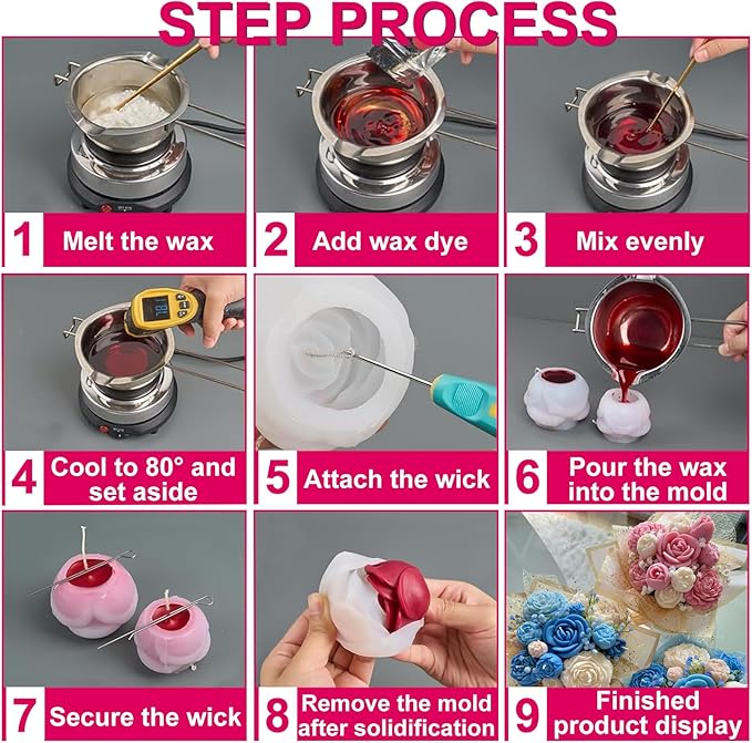 9 PCS Flower Candle Resin Molds,3D Heart Rose Tulip Daisy Peony Silicone Molds for Candle Soap Chocolate Making Valentine Mother Day Silicone Mold Rosas Silicona para Velas