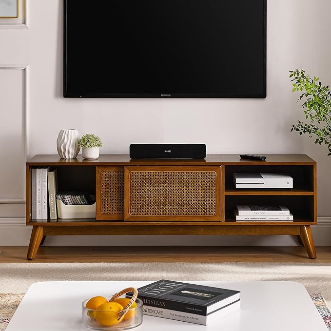 Amposei Mid Century Modern Wooden TV Stand Entertainment Center for 55/60/65 inch TVs, Sliding Rattan Door Console Storage Cabinet with Wood Legs for Living Room, Brown Ebony