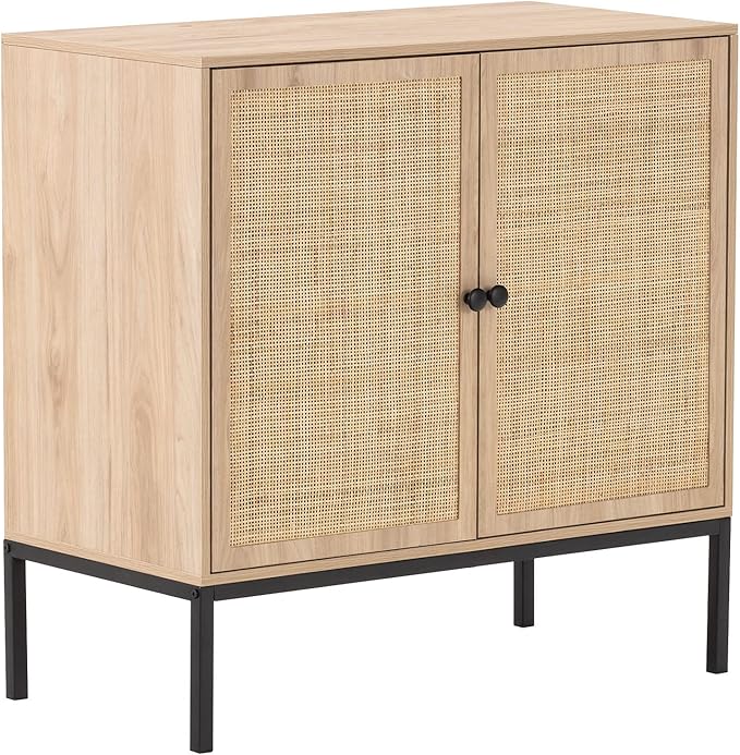 XIAO WEI Rattan Sideboard Cabinet with 2 Doors, 31.5" Boho Buffet Credenza with Metal Legs, Natural Cane Accent Storage Cabinet for Living Room, Dining Room, Entryway, Set of 2