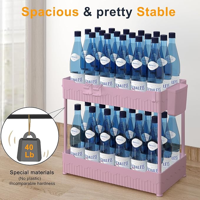 2 Pack Under Sink Organizer, Under Bathroom Cabinet Organizer with Hooks Hanging Cup, Multi-Purpose Storage Shelf for Kitchen Bathroom (Pink, 14.8 Inch)