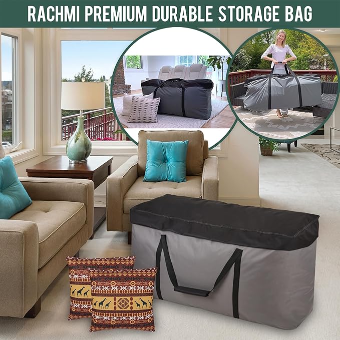 Rachmi 2 Pack Cushion Storage Bag (152 Gal x2) 60 Inch with Zipper & Padded Handle, Outdoor Oversized Heavy Duty 600D Water-Resistant Moving Bag, (60" Wx20 Dx29 H, Extra Large)