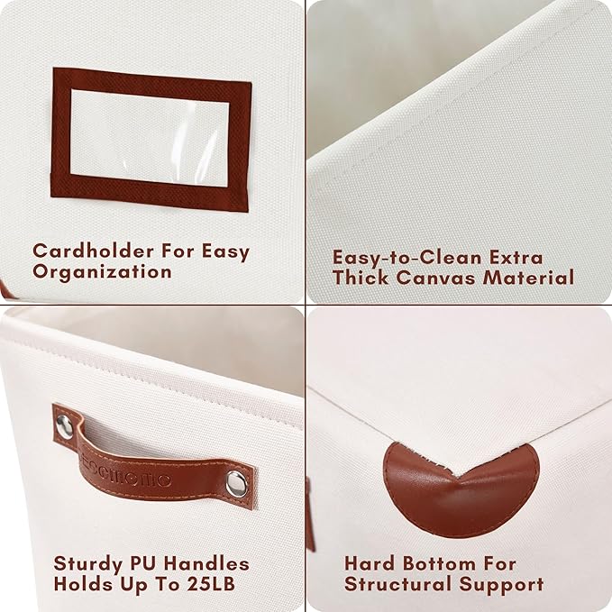 DECOMOMO White Storage Bins Fabric Storage Baskets for Shelves & Linen Closet Organization (Creamy White W/ Label holder, Large - 3 Pack)