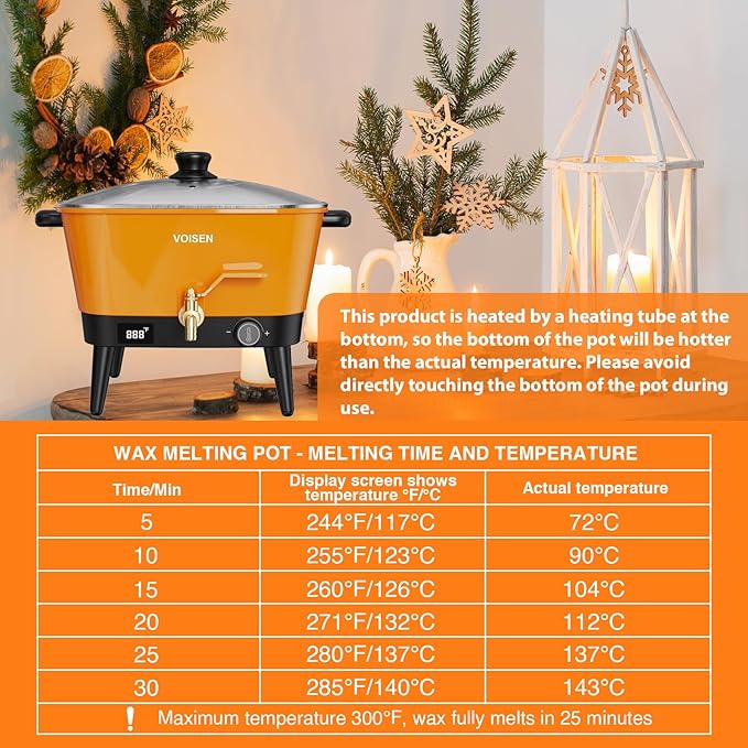 VOISEN Wax Melter for Candle Making, 8Qts Candle Wax Melting Pot with Spout for Soy Wax Soap Base, Electric Wax Melter for Candle Making with Temp Control, Easy Pour,Non-Stick(Orange)