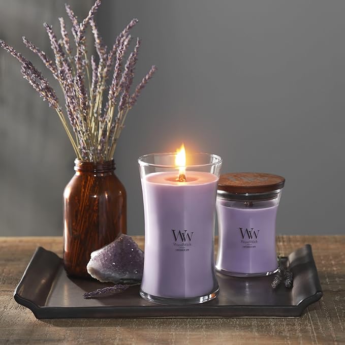 WoodWick Lavender Spa Gifts for Women and Men, 21.5 oz Large Hourglass Candle with Crackling Wick