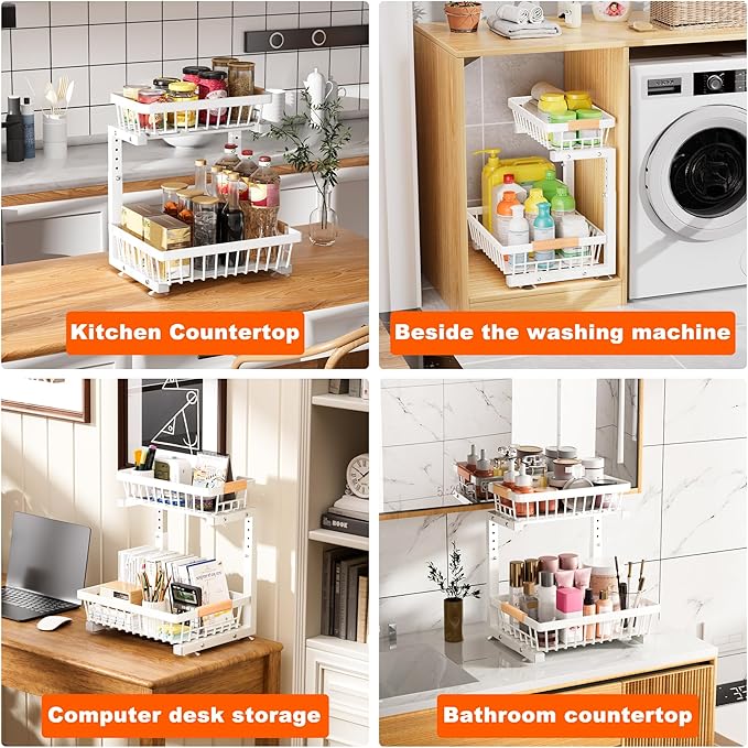 Under Sink Organizer, 2 Pack 2 Tier Under Sink Organizers and Storage, Slide Out Pull Out Cabinet Organizer Shelf, Height Adjustable Metal Drawer for Kitchen Bathroom Closet Organization Rack White