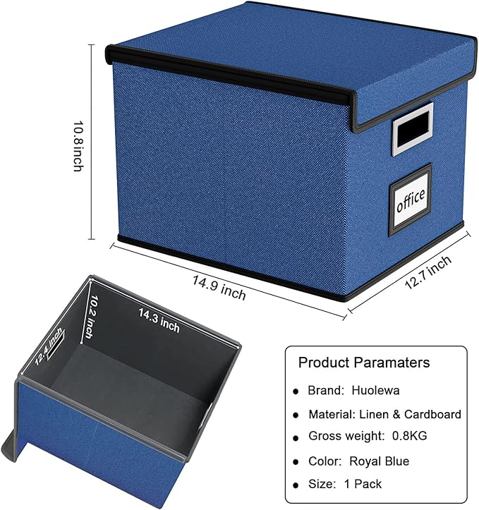Huolewa File Organizer Box with Lid, Collapsible File Folder Organizer for Office Document Storage, Filing Box with Plastic Slide for Letter Size Hanging File Folders(1 Pack, Royal Blue)