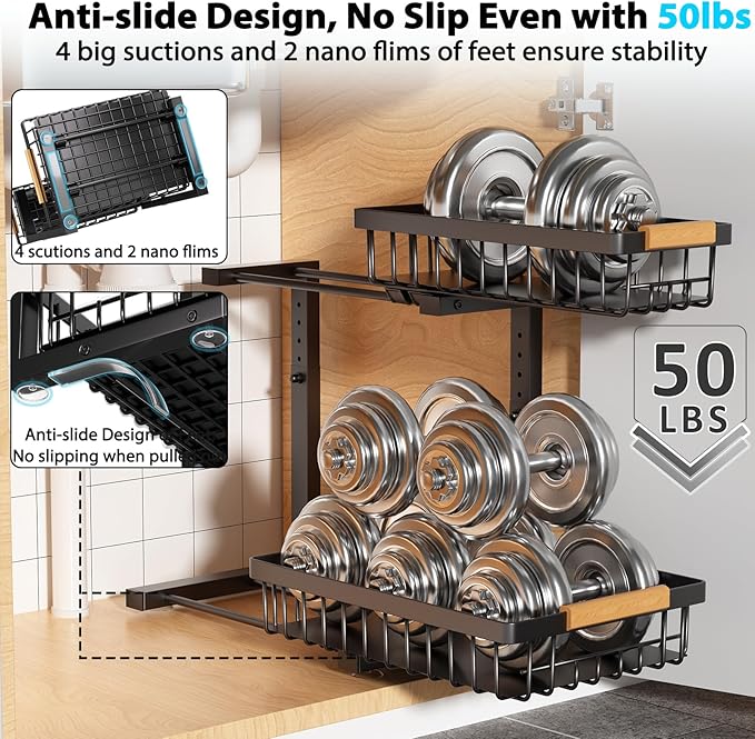 Liuoud Under Sink Organizer Storage 1 pack, 2 Tier Slide Out Height Adjustable Pull Out Cabinet Organizer Drawers, Kitchen Bathroom Large Capacity Metal Under Sink Rack Caddy Basket Shelves, Black