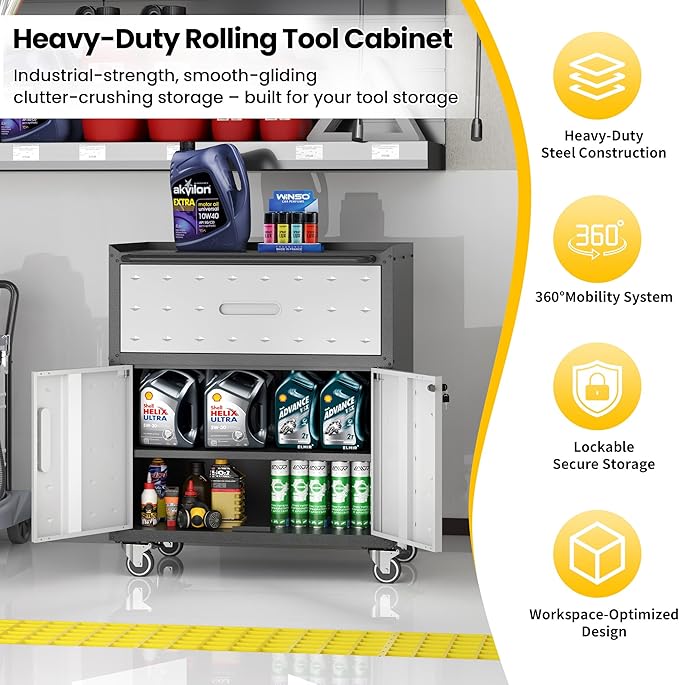 Garage Storage Cabinets with Wheels, Locking Metal Storage Cabinets with 2 Doors and 1 Drawer, Easy Assembly Tool Cabinet for Garage, Basement,Warehouse