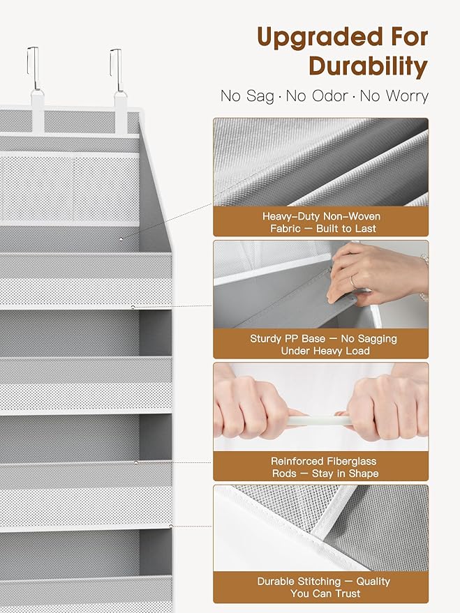 Criusia Over The Door Organizer, Heavy-Duty 6-Shelf Hanging Storage with 13 Mesh Pockets, 55lbs Capacity Behind The Door Storage for Nursery, Bathroom, Bedroom, and Dorm, Grey