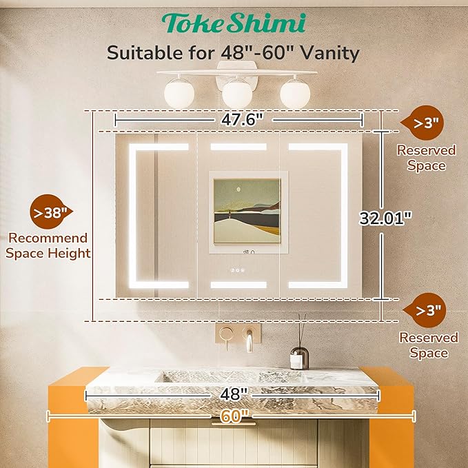 TokeShimi 48x32 Lighted Medicine Cabinet with Mirrored and Sockets, Anti-Fog Surface or Recessed Medicine Cabinet Mirror Led 3 Colors Dimmable, Frontlit Mirror with Storage Bathroom Vanity