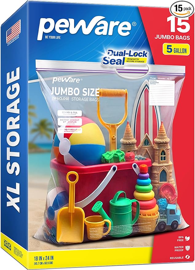 Jumbo 5 Gallon Size Zip Bags with Double Zippers, Clear Plastic Storage Bags for Household and Travel Use, Clothes and Toys, Large Assorted Sizes for Moving and Organization 18"x24" [15 COUNT]
