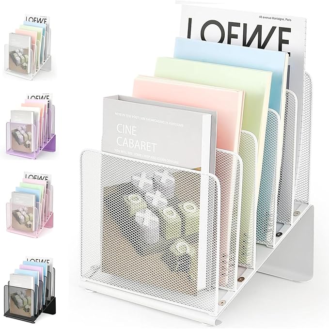 LEKETREE File Organizer for Desk, Desk Organizer with 5-Section Vertical File Rack, File Folder Organizer, Desk Accessories & Workspace Organizers(White)