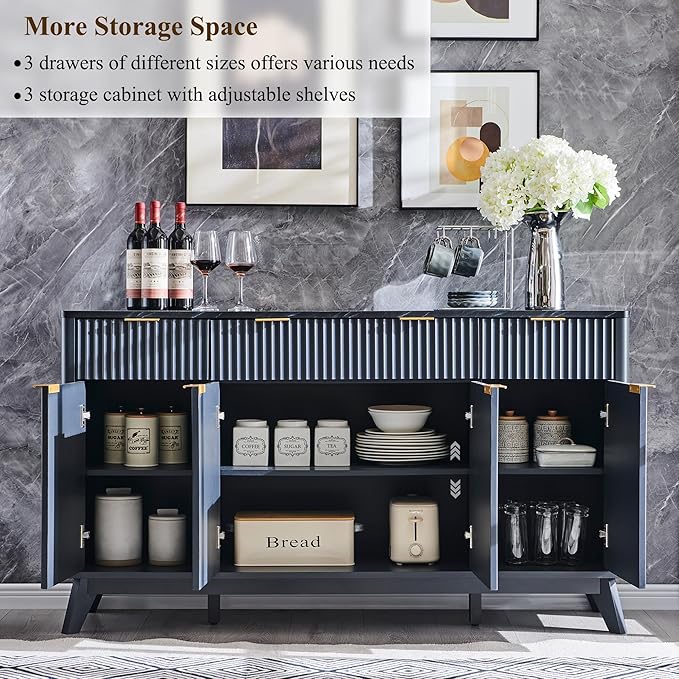 OKD 60" Fluted Buffet Sideboard Cabinet with Storage, Morden Credenza Buffet Table Coffee Bar Storage Cabinet with 4 Doors and 3 Drawers for Dining Room, Living Room,Hallway (Dark Grey)