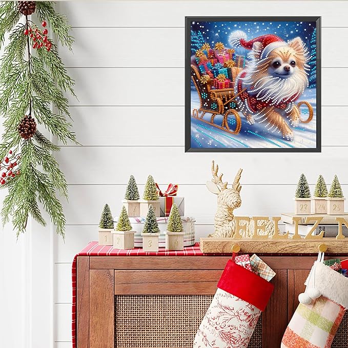 Christmas Dog 5D Special Shape Diamond Art Kits for Beginners, Christmas Winter Theme Diamonds Painting Kits for Adults,DIY Crystal Rhinestones Diamond Paintings for Home Wall Decor 12×12Inch
