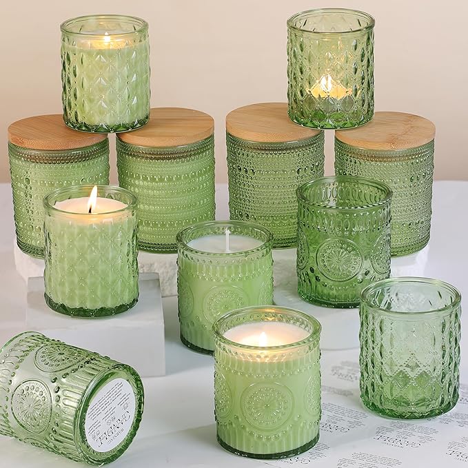 DARJEN 12 Pack Green Candle Jars for Making Candles- 3 Styles Glass Candle Making Jars Bulk with Bamboo Lids and Labels, Candle Making Supplies Candle Vessels for Home Decor
