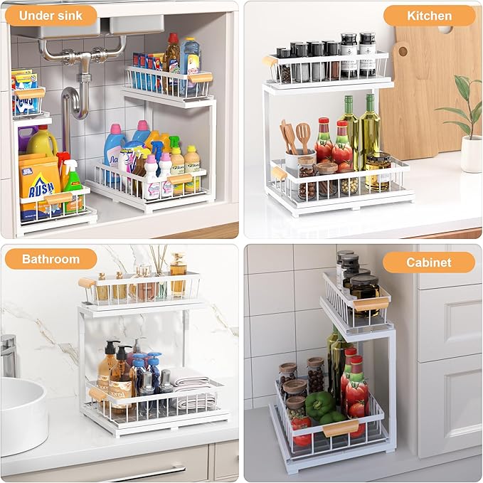 Under Sink Organizer 2 Tier, Pull Out Drawer Slides Under Sink Storage for Bathroom Kitchen,Multi-Purpose Drawer Under Cabinet Organizer for Cleaning Supplies (White, Large-2 Pack)