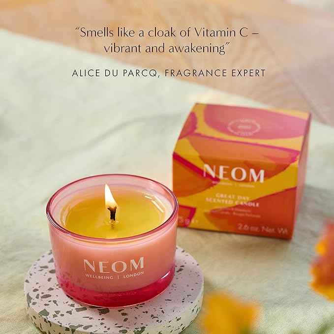 NEOM Great Day Scented Candle, Travel Size I Hand Finished I 100% Naturally derived Wax I Wild Mint and Mandarin I Designed to Help Uplift Your Day and Boost Your Mood.