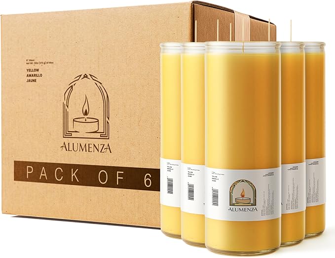 Bulk 6 Pack Yellow 7 Day Candles in Glass Jar – Paraffin Wax, Clean Burning Unscented | Large & Tall Devotional Prayer Pillar Candles for Home, Memoria, Spells, Long Lasting