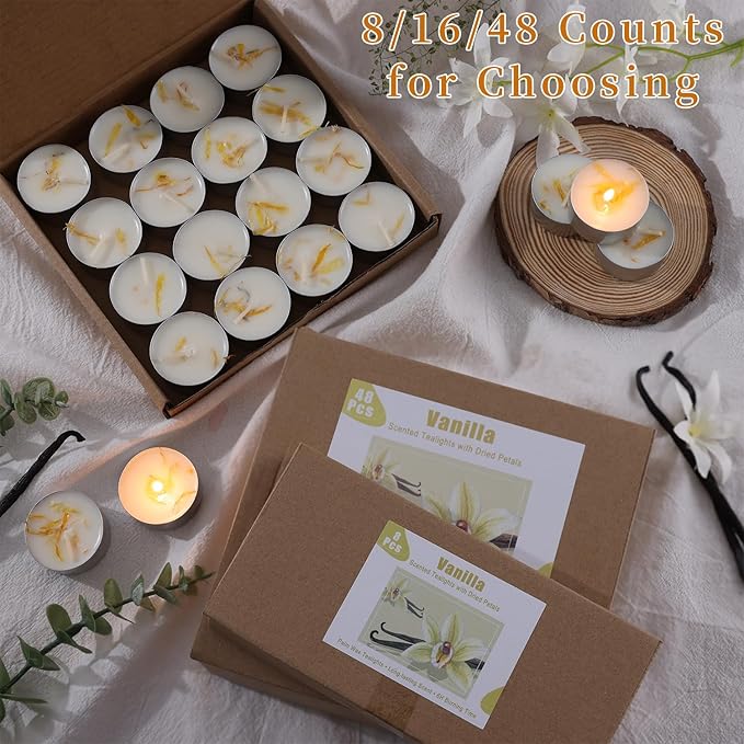 8 Pcs Vanilla Scented Tealight Candles, 6H Long Burning - 100% Palm Wax Based Scented Tea Lights with Dried Flowers, Non-Toxic/Smokeless Tea Lights Candles Bulk for Spa, Bath, Wedding