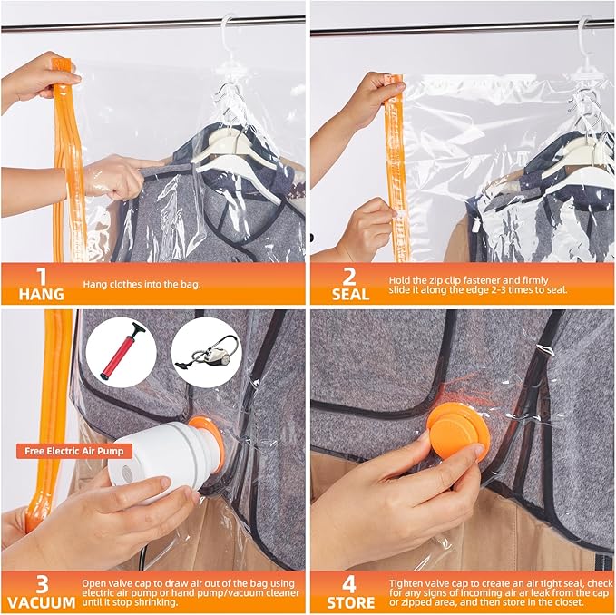 AGPTEK 6-Pack Hanging Vacuum Storage Bags for Clothes, Suits, Dresses & Jackets (3 Jumbo,3 Large) with Electric Pump - Space Saver Closet Organizer, Travel & Moving Supplies, Heavy Duty PA+PE