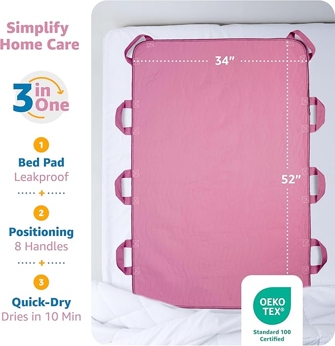 Improvia Positioning Bed Pad, with 8 Reinforced Handles, Quick-Drying, Washable, Waterproof, for Lifting, Turning, Transfering, Elderly and Incontinence Patients (Pink, 34" x 52" - Pack of 1)