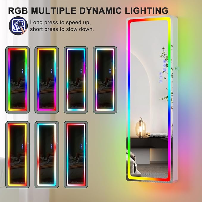 Lvifur LED Mirror Jewelry Cabinet - with RGB lights,Lockable Wall/Door Mounted Full Length Mirror with Storage,Hanging Jewelry Organizer-2 Drawers,Foldable Shelf,Built-in Lighted Mirror(White)