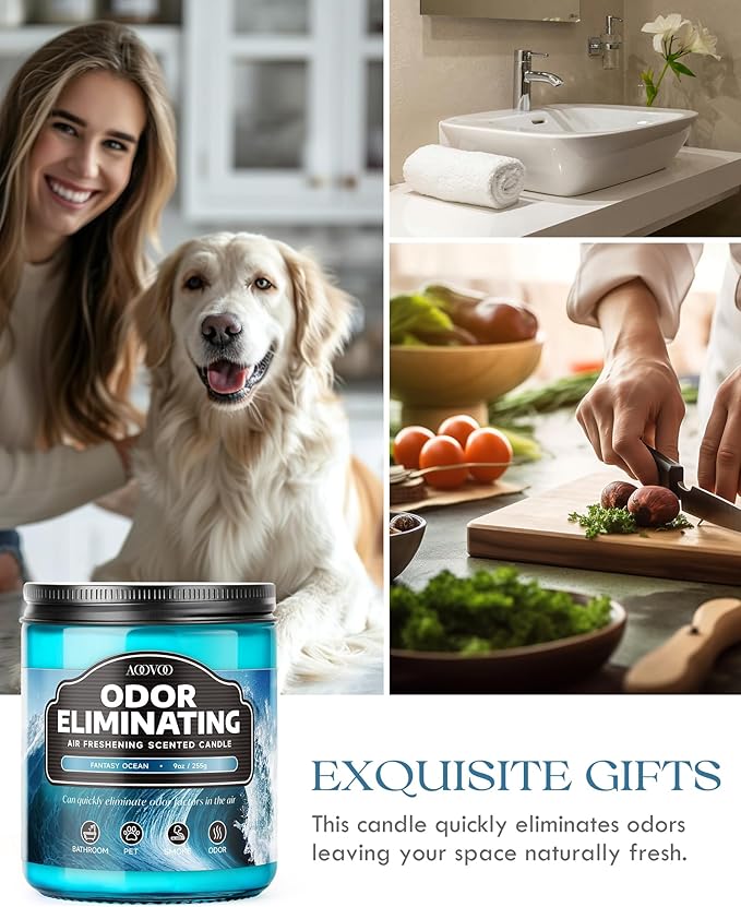 AOOVOO Fantasy Ocean Odor Eliminating Highly Fragranced Candle - Eliminates 95% of Pet, Smoke, Food, and Other Smells Quickly, Non Toxic Air Freshing Soy Candle, 9 oz Up to 50 Hours Burn time