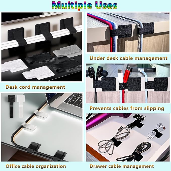 48Pcs Upgraded Under Desk Cable Ties - Self Adhesive Sticky Back Hook and Loop Straps, Wire Cord Management Organizers for Home Office