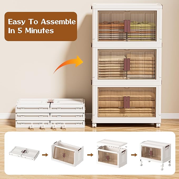 32GAL/128QT 4 tier large stackable storage bins with lid and wheels, collapsible storage bins plastic with doors，suit for clothes, closet, home and office