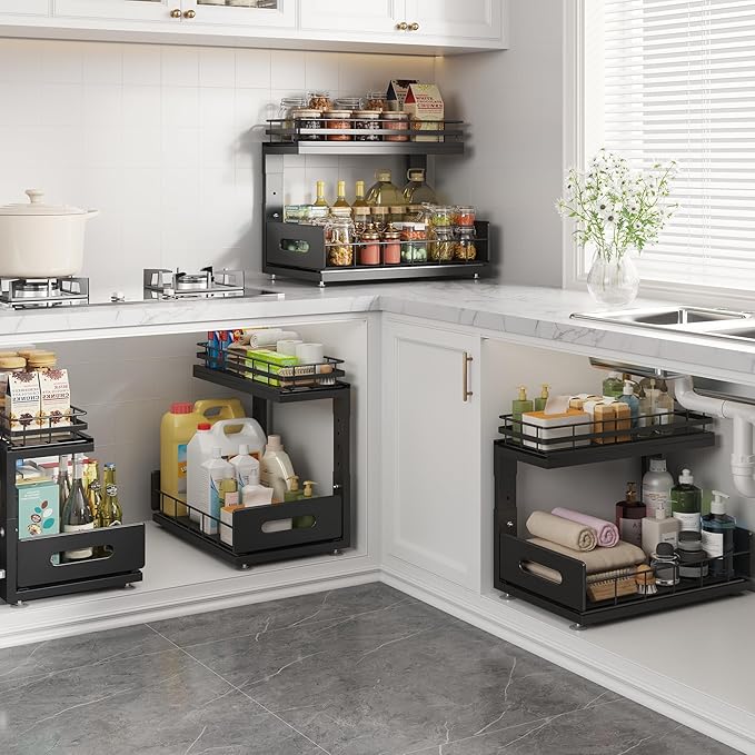 Under Sink Organizer Upgrade To Professional Rails,2-Tier Dual Pull Out Cabinet Storage,Height Adjustable Slide Out Drawers For Bathroom Kitchen,2 Pack-14.5"Dx12.8"-16.9"H,Black
