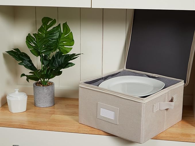 Covermates Dish Storage Box Set – China & Dinner Plate Storage Containers with Felt Dividers, Dual Zippers, Reinforced Handles, ID Window & Stackable Design, Beige Heather