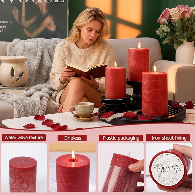6 Pack Red Pillar Candles,Natural Soy Pillar Candles,330 H Long Lasting Burning 2.8x4in Unscented,Dripless and Smokeless Rustic Hand-Poured Candles Dinner Table,for Valentine's Day,Wedding,Home Decor