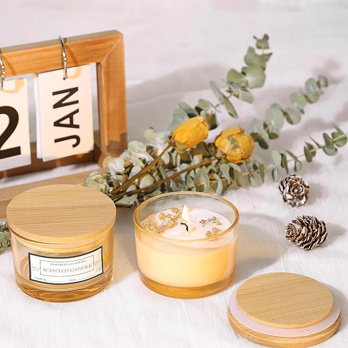 CONNOO 15 Pack 4 OZ Gold Amber Glass Candle Jars with Airtight Bamboo Lids for Making Candles, Bulk Small Wide Mouth Empty Candle Containers with Sticky Warning Labels - Dishwasher Safe, Champagne