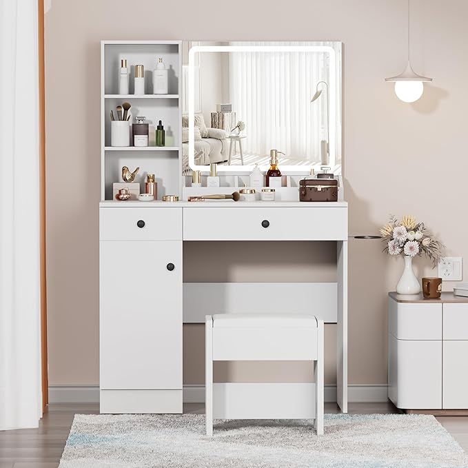 YIKEHOME Small Vanity Makeup Mirror Desk with Stool, Makeup Vanity Table Set with with 3 Lighting Modes & Adjustable Brightness, Dressing Table for Women Girls Bedroom, White