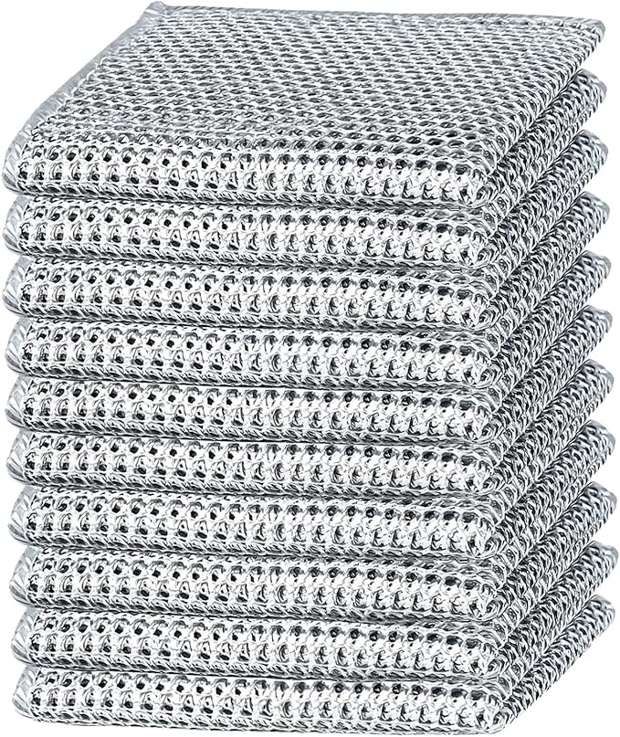 10-Pack Double-Layer Dry/Wet Dual-Use Metal Wire Non-Scratch Cloth Multi-Purpose Magic Cleaning Cloth Silver Wire Dish Cloth for Cookware, Tableware, Sink, Stove Cleaning, etc.(10PCS)