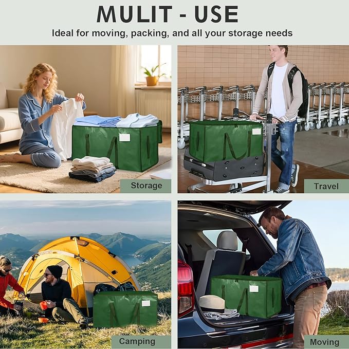 12 Pack-Extra Large Heavy Duty Moving Bags - Waterproof Storage Totes with Handles & Zippers, Foldable for College Dorm, Storage (olive green)