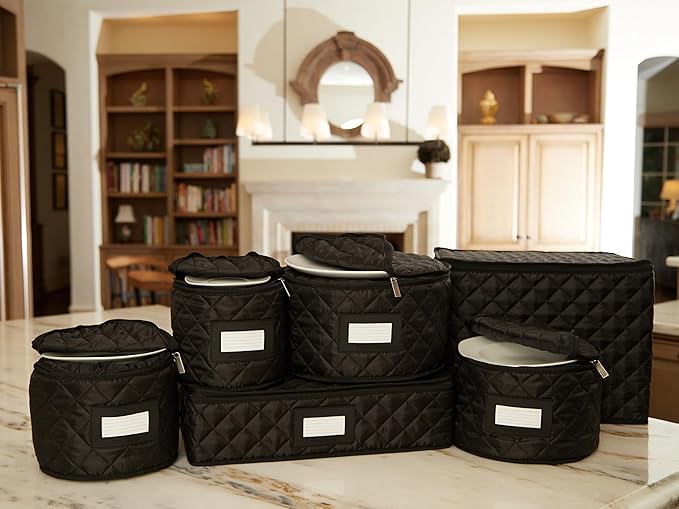 Covermates Keepsakes Dish Storage Set – Padded China & Dinnerware Storage Cases with Dividers, Cup & Stemware Storage, Quilted Polyester Protection, ID Window, Black