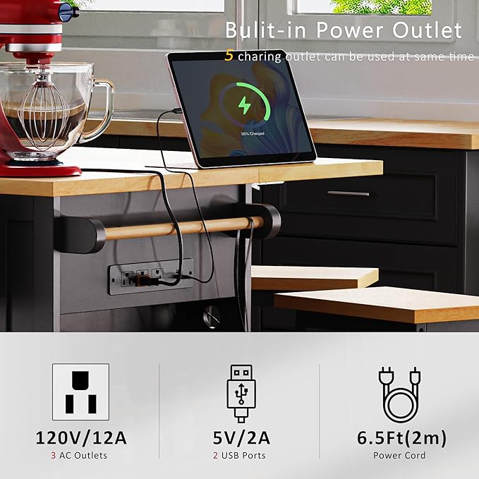 Kitchen Storage Island on Wheels with 2 Bar Stools, Rolling Drop Leaf Kitchen Island Cart with Power Outlet, Open Side Racks, Door Shelves and Towel Bar, 53-Inch, Black