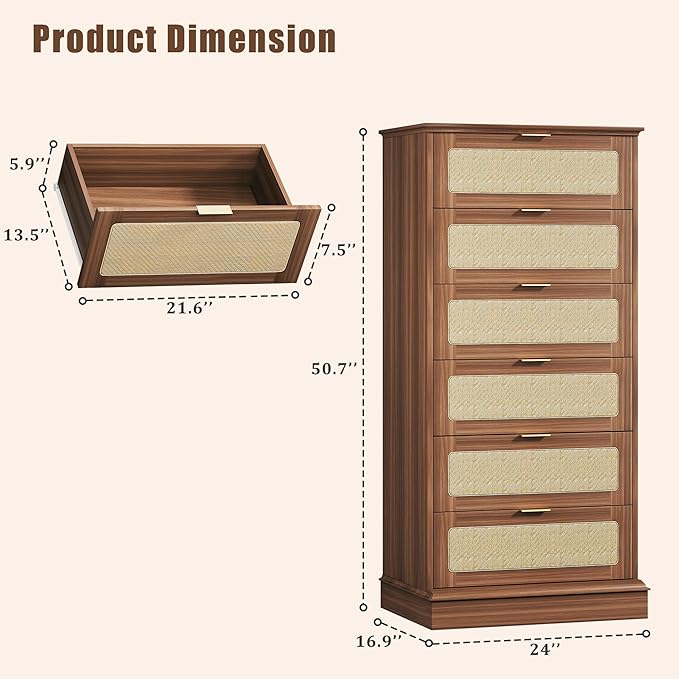 HUAHUU 6 Drawer Dresser for Bedroom, 50 Inch Tall Dressers & Rattan Chest of Drawers, Mid Century Style, Wood Modern Dressers Organizer for Bedroom, Living Room, Hallway, Entryway, Walnut