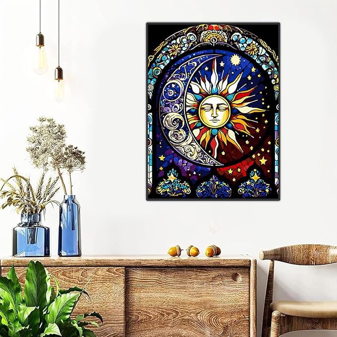 Meothan Paint by Numbers Kit for Adults,Stained Glass Paint by Numbers Kit for Beginner Sun Moon Paint by Numbers Kits for Home Table and Gift for Wall Decor 12x16 inch Framed and Easel