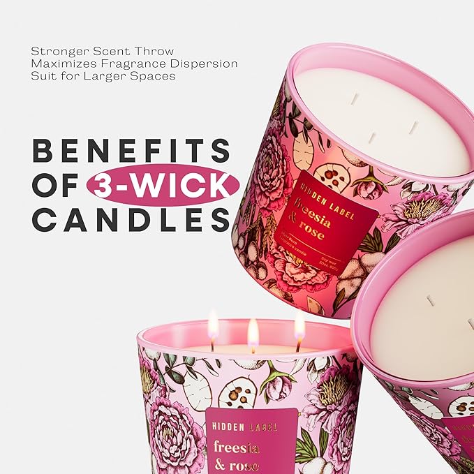 Scented Candle for Women, 30oz 3-Wick Natural Soy Wax, Up to 100 Hours Long-Lasting Clean Burn, Non Toxic Large Jar Aromatherapy Candle, Freesia Rose, Gifts for Women