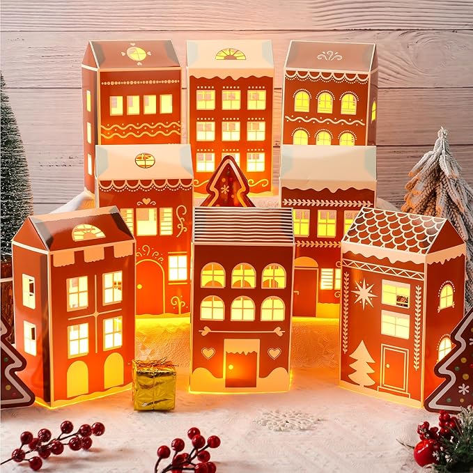 Reallnaive 20 Pcs Large 8" Christmas Cardboard Village Houses Set Xmas DIY Village Houses with LED Candle Paper Home and Tree Figurine Scene Desktop Ornament for Home Party Decor(Gingerbread,Brown)