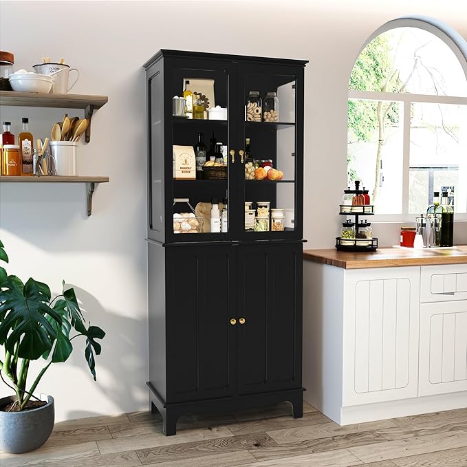 72" Tall Kitchen Pantry Cabinet with Glass Door and Adjustable Shelves, Vintage Food Storage Cabinet for Kitchen, Dining Room, Living Room, Black