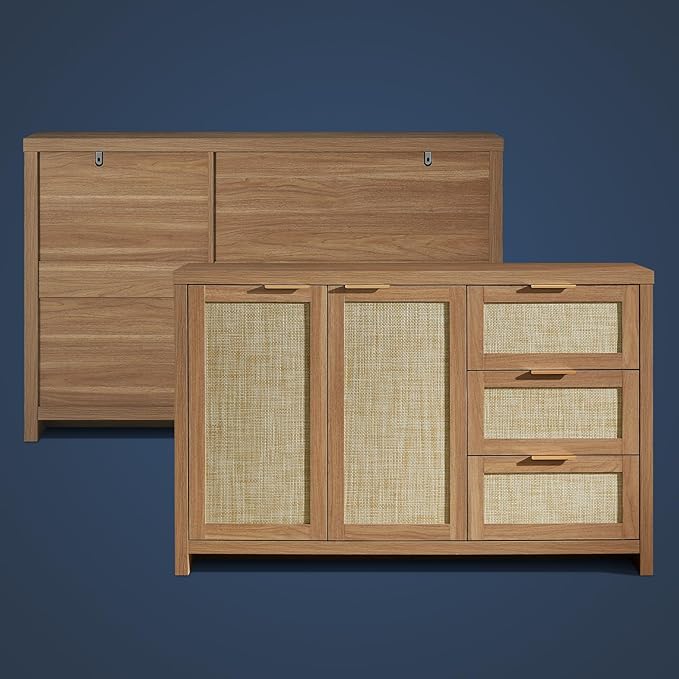 OAKHAM HOME Kitchen Storage Cabinets, Buffet Cabinet with Storage Rattan Sideboard Cabinet Organizer 3 Drawers and 2 Doors Accent Console Table for Kitchen Hallway Living Room bar (Weathered Oak)